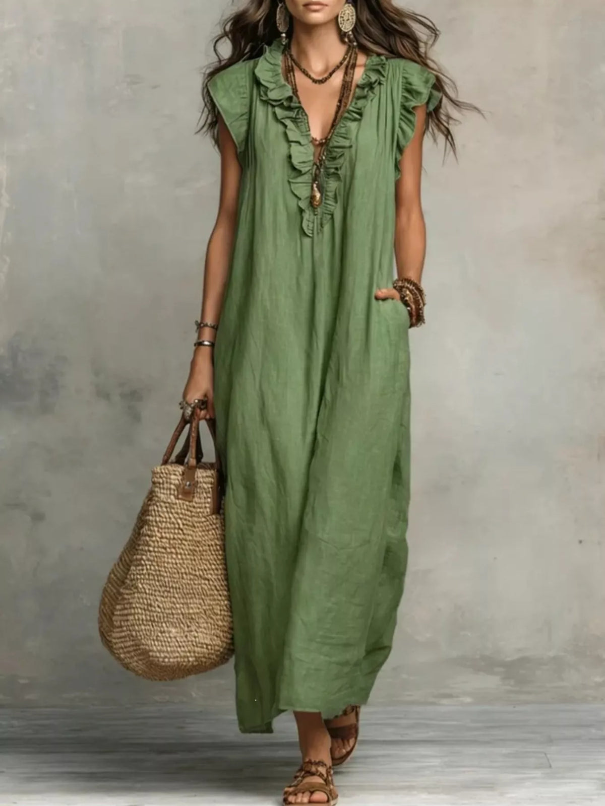 Ruffled V-Neck Maxi Dress, alternate product view