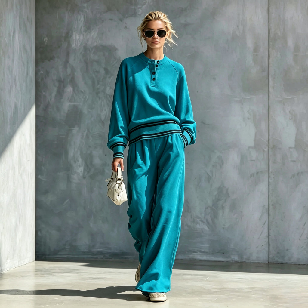 Teal button-neck top and wide-leg pants set with striped trim, worn by a model