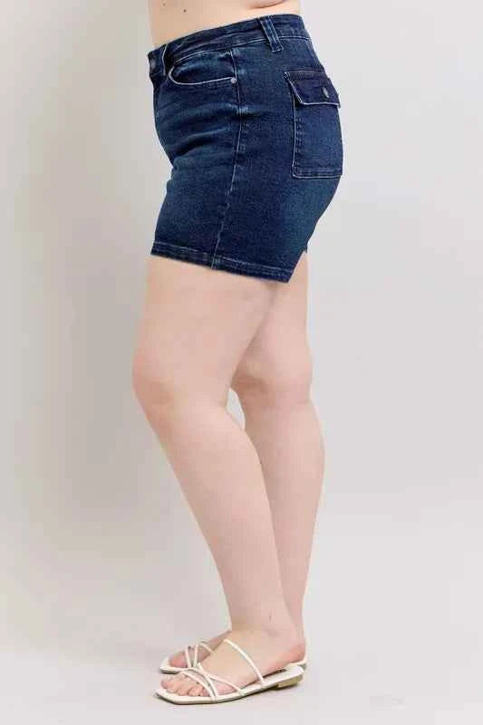High Rise Back Flap Pocket Denim Shorts-Denim Shorts-Splashis-Splashis
