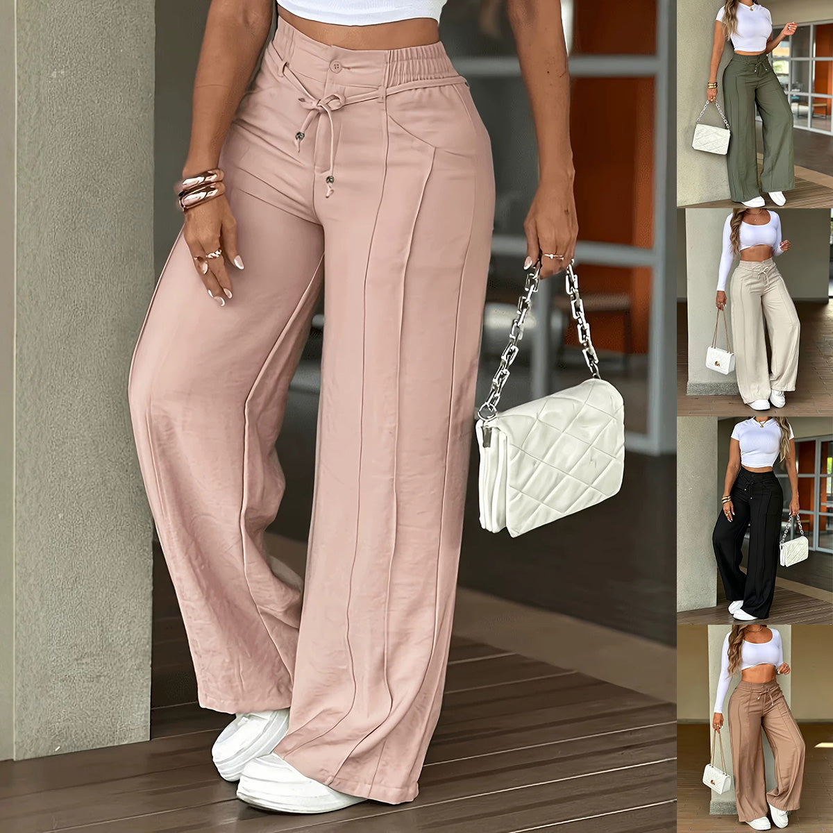 Women's High-Waist Wide-Leg Drawstring Pants with Pockets product image