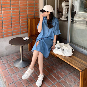 Blue loose retro denim dress for women
