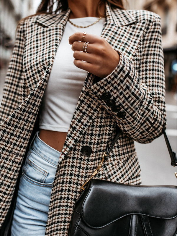 Women's Winter Plaid Long Suit Jacket – Slim Fit Blazer, angled product view