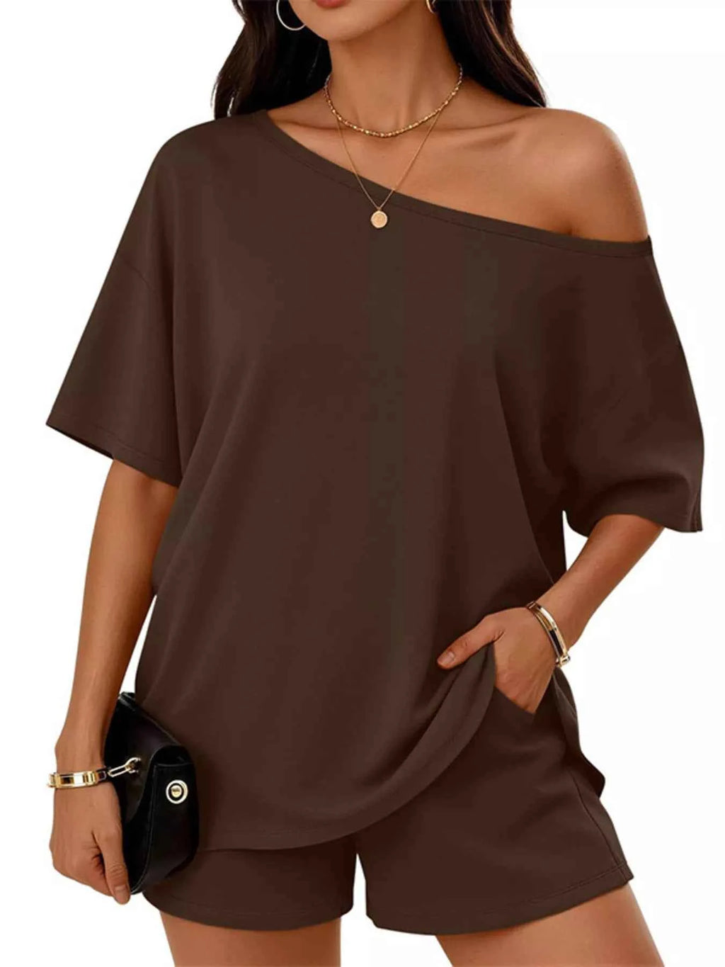 Full Size Boat Neck Tee and Shorts-Two-Piece Set-Splashis-Color:Brown-Size:3XL-Splashis