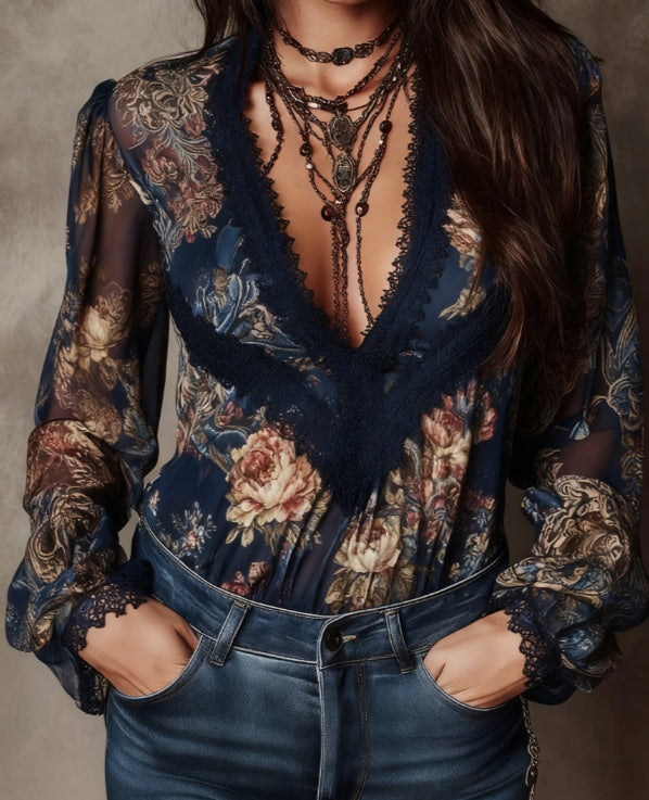 Paisley lace-trim puff-sleeve top product image