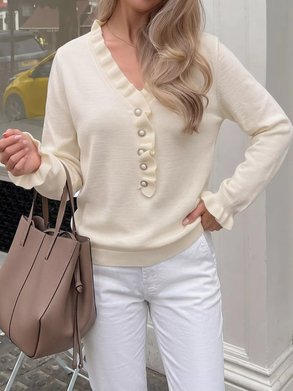 Ruffle Trim Pearl Button V-Neck Knit Top view 2
