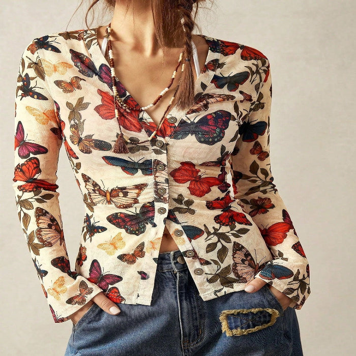 Women's Butterfly Print Top - V-Neck Pleated Long Sleeve Blouse product image