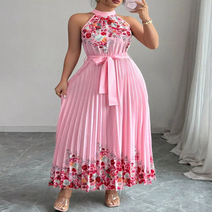 Halter Neck Floral Print Pleated Maxi Dress — primary view
