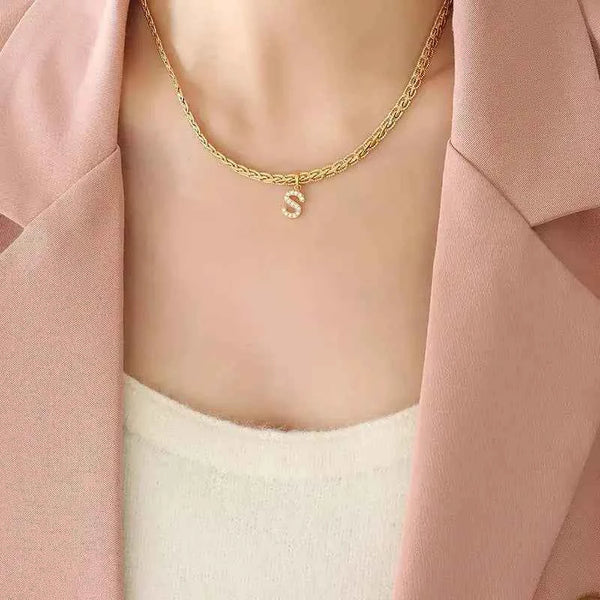 Letter pendant necklace in brass with zircon inlay — additional view 2