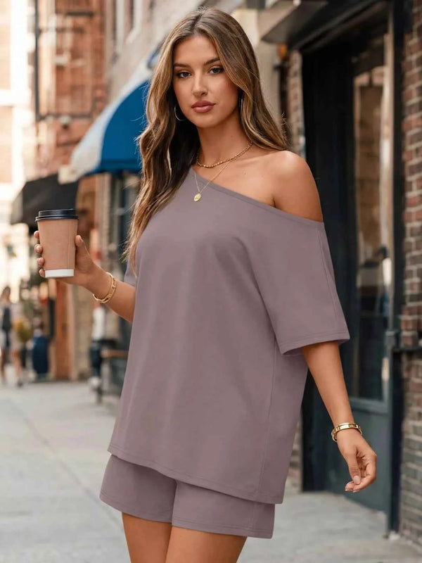 Full Size Boat Neck Tee and Shorts-Two-Piece Set-Splashis-Splashis