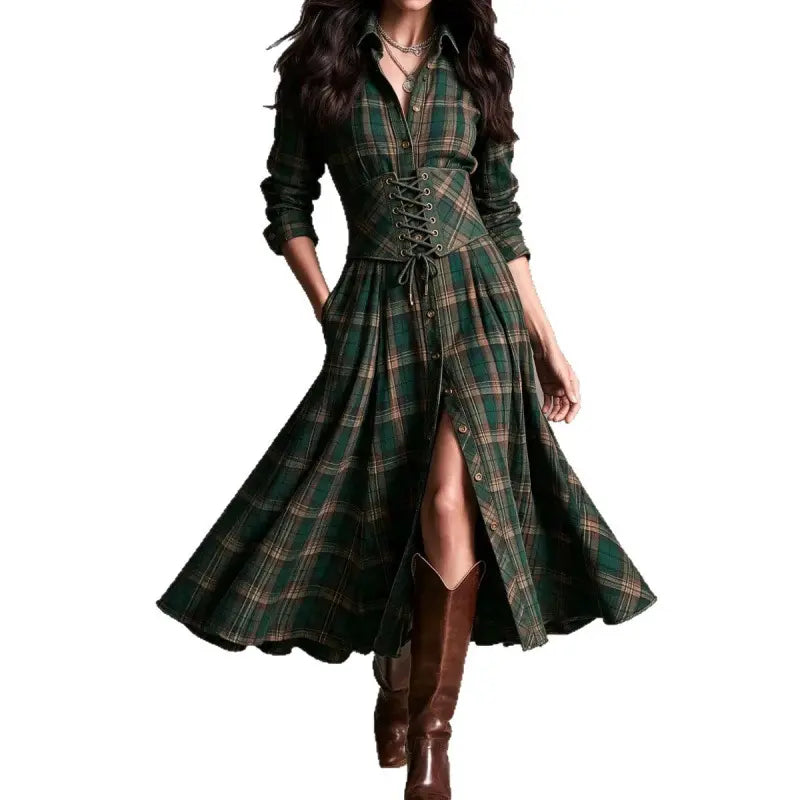 Green plaid A-line long dress with waist tie