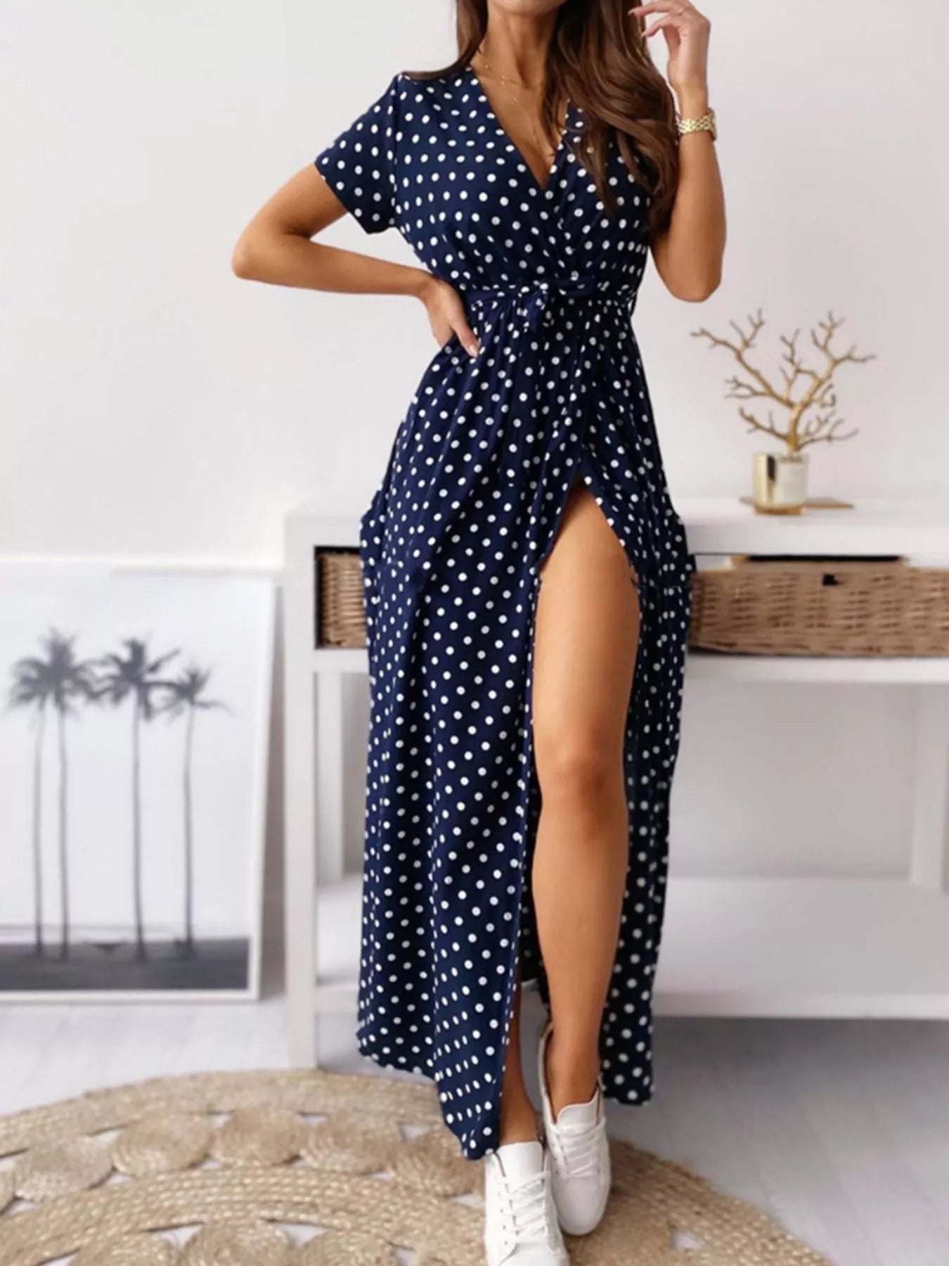 Polka Dot Surplice Maxi Dress with Slit view 12