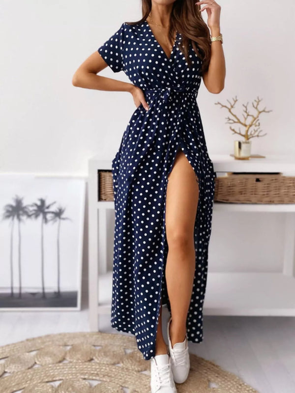 Polka Dot Surplice Maxi Dress with Slit view 12