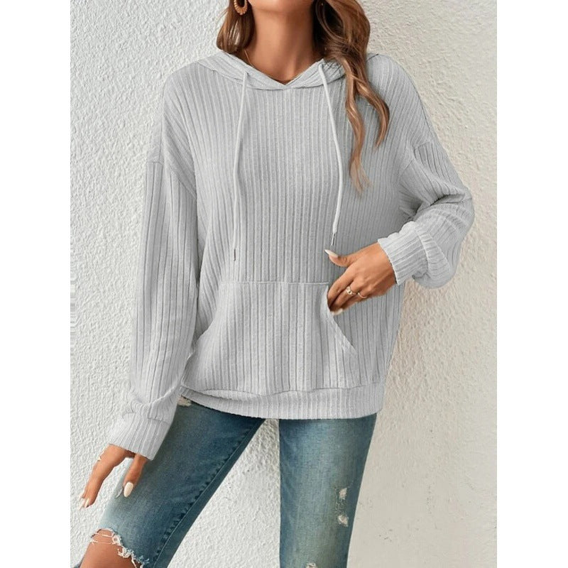 Gray ribbed kangaroo pocket hoodie for women