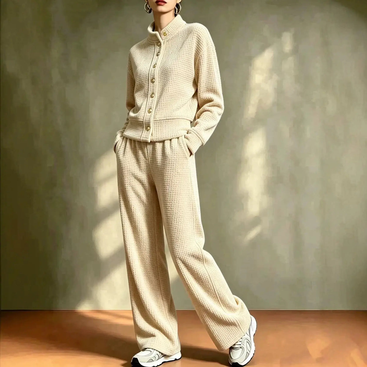 Women's waffle knit cardigan and wide-leg pants set