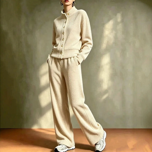 Women's waffle knit cardigan and wide-leg pants set