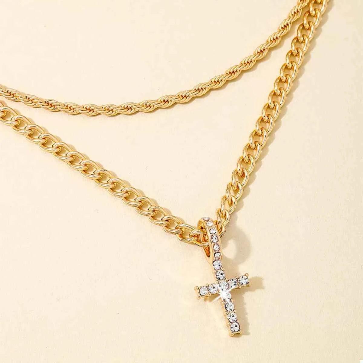 Layered gold chain cross pendant necklace — additional view 4