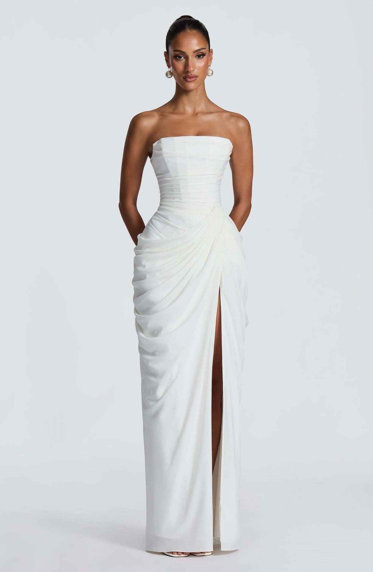 Asymmetrical Off-Shoulder Bodycon Dress-Maxi Dress.-Splashis-Color:White-Size:M-Splashis