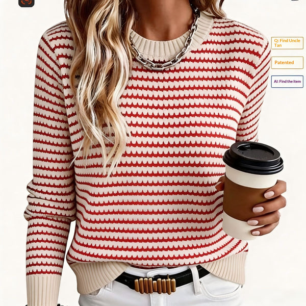 Striped Puff-Sleeve Round Neck Sweater – view 5