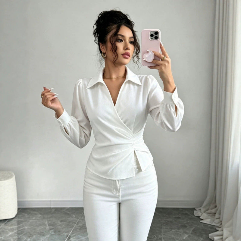 Product detail photo of Cinched Waist Irregular V Neck Top, Women’s Top, everyday style