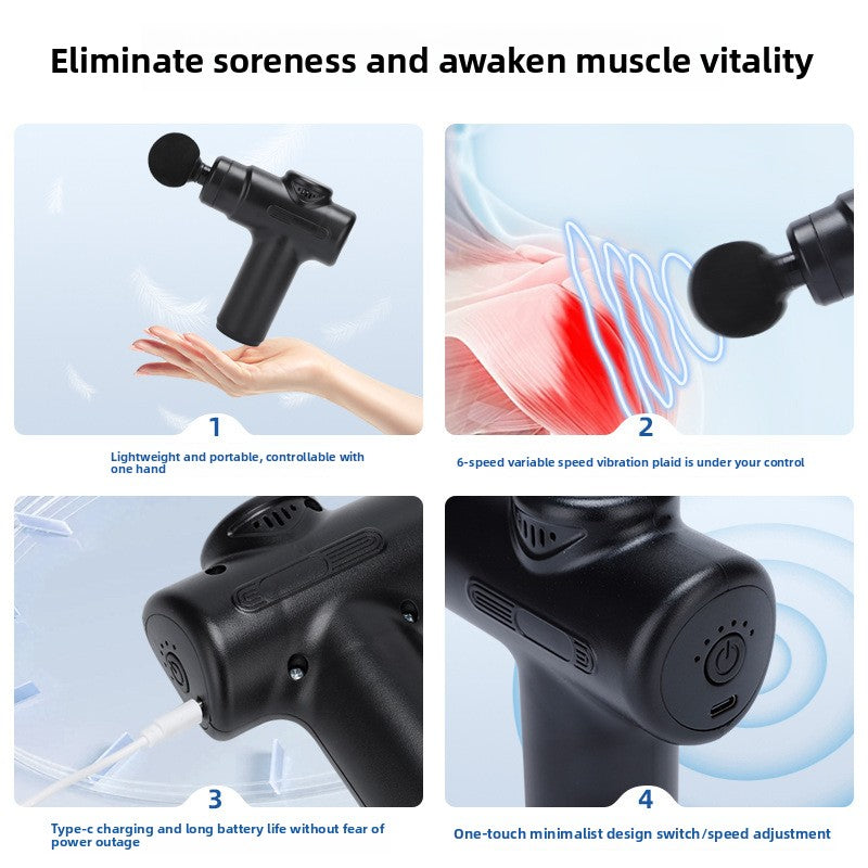 Massage gun shown with interchangeable heads