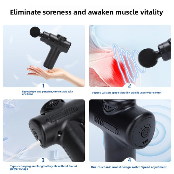 Massage gun shown with interchangeable heads