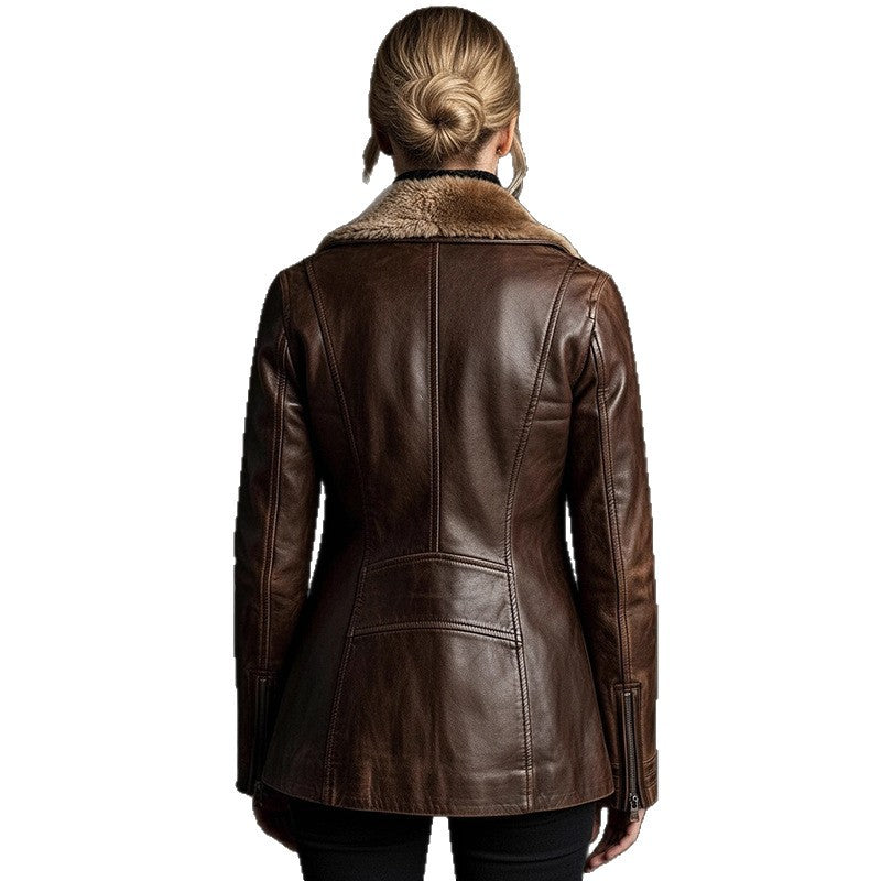Faux leather jacket with faux fur collar for women, image 4