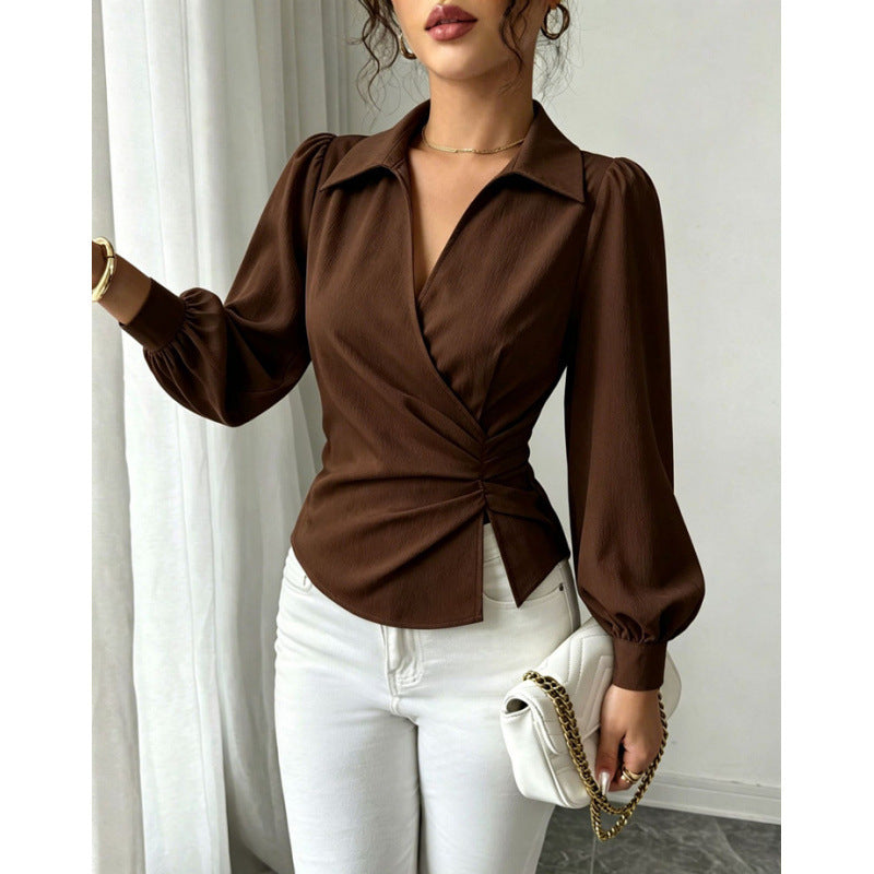 Product detail photo of Cinched Waist Irregular V Neck Top, Women’s Top, everyday style