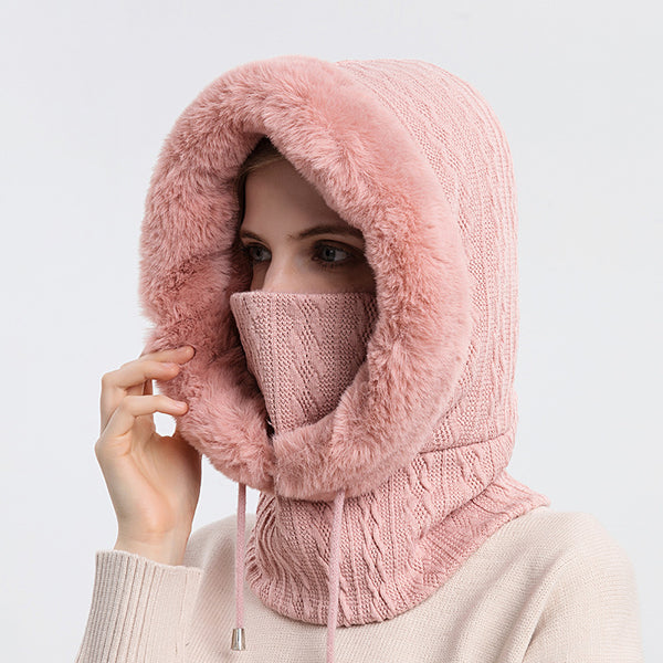 Pink plush hooded hat with scarf for women