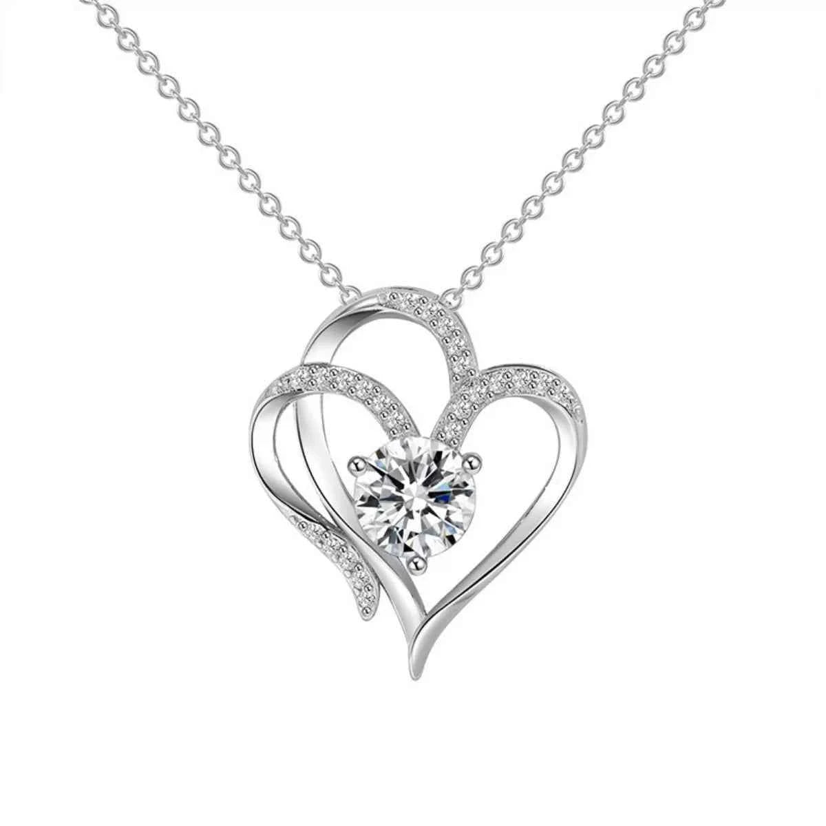 Zircon Heart Pendant Necklace (Silver-Plated), side product view