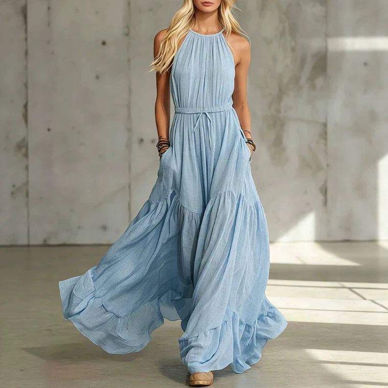 Main product photo of Blue Cotton Linen Sleeveless Maxi Dress, blue cotton linen sleeveless maxi dress, everyday style