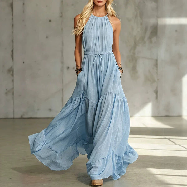 Main product photo of Blue Cotton Linen Sleeveless Maxi Dress, blue cotton linen sleeveless maxi dress, everyday style