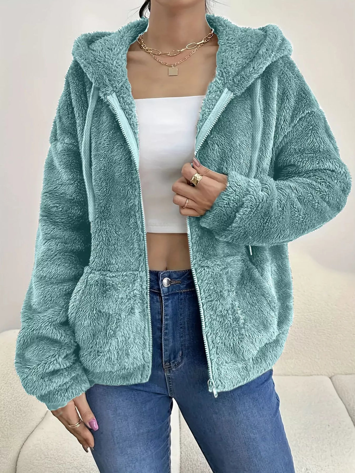 Drawstring Fleece Zip-Up Outerwear, product view 19