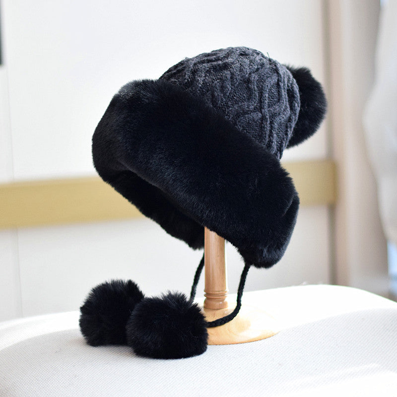 Black pom-pom lace-up winter hat for women