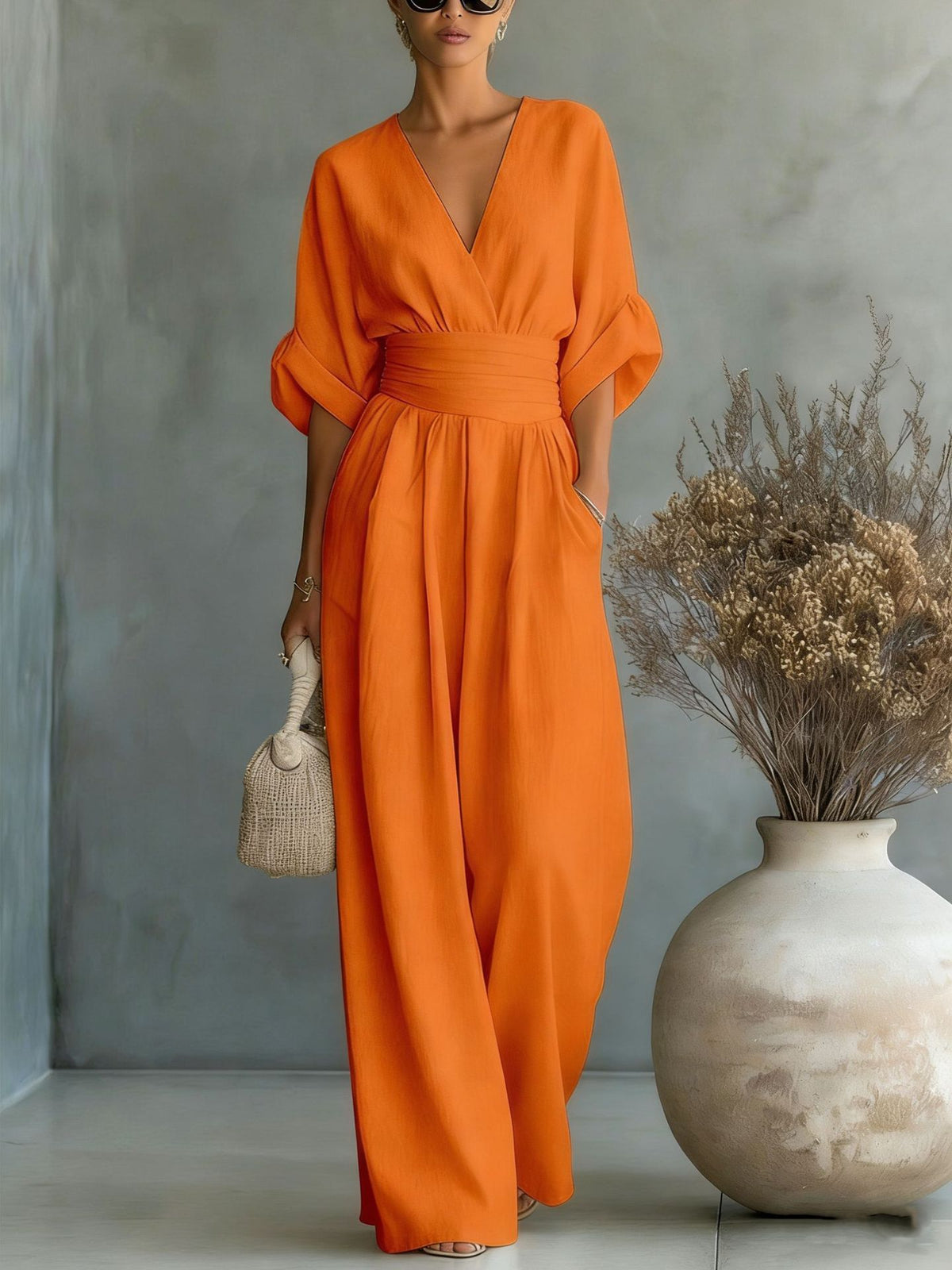 Short-sleeve V-neck wide-leg jumpsuit product image