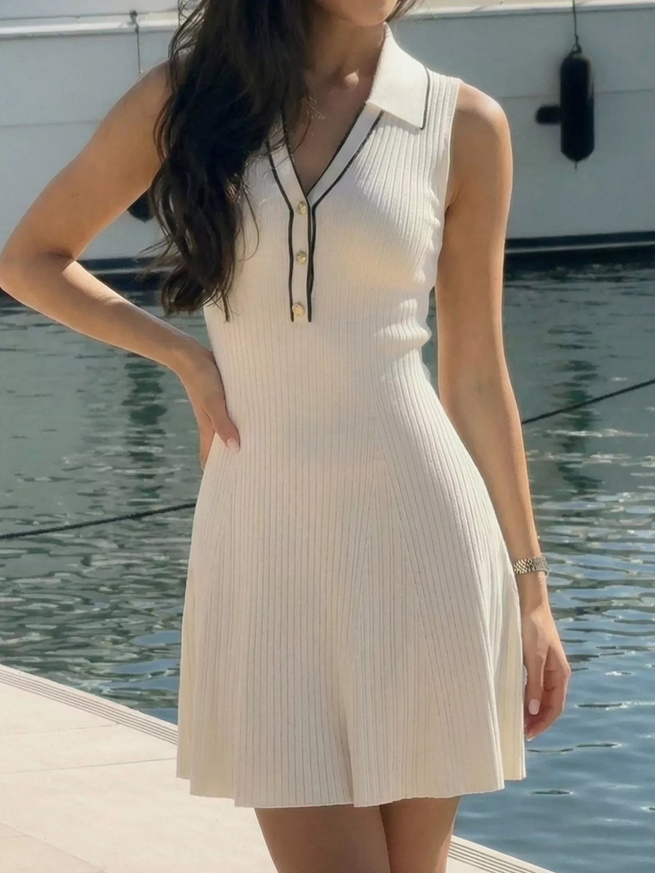 Sleeveless Ribbed Knit Polo Sweater Dress view 4