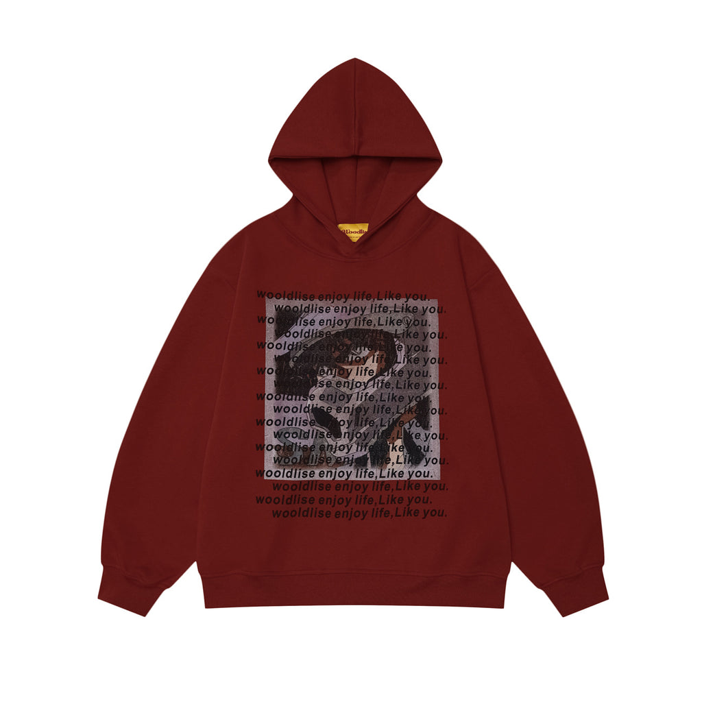 Red letter print loose hoodie for women