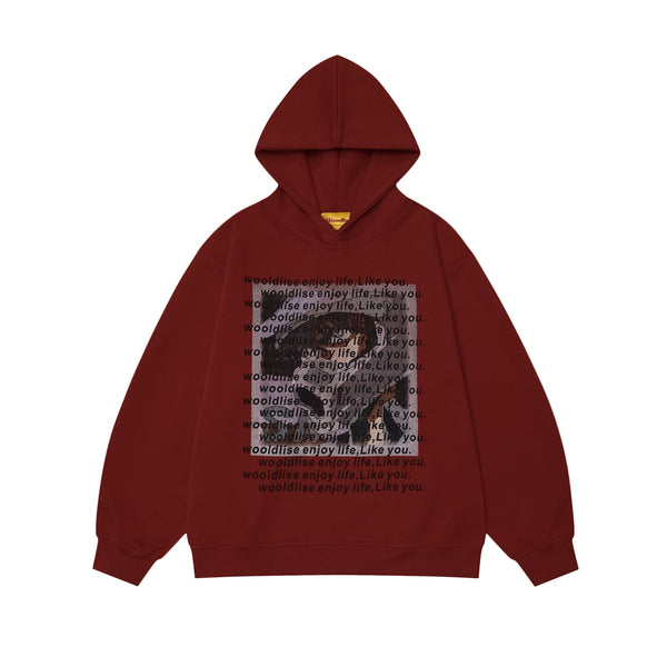 Red letter print loose hoodie for women
