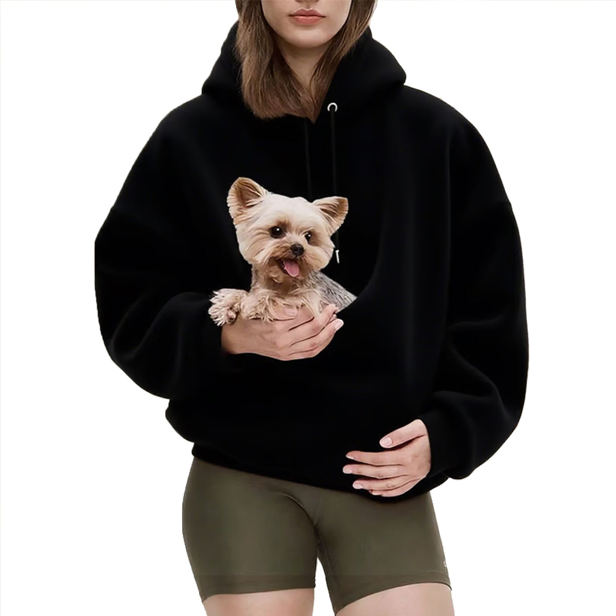 Black unisex hoodie with large front pouch pocket for women