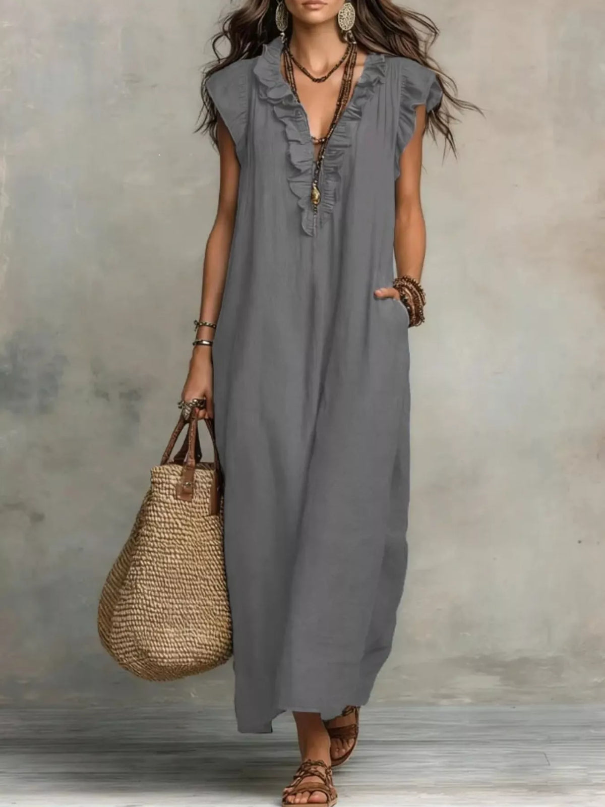 Ruffled V-Neck Maxi Dress, product view 10