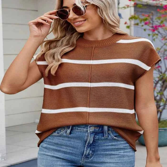 Exposed seam striped knit top — primary view