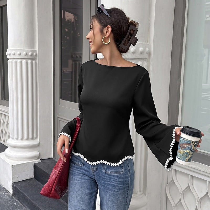 Lace-Trimmed A-Line Floral-Edge Long-Sleeve Blouse, close-up product view