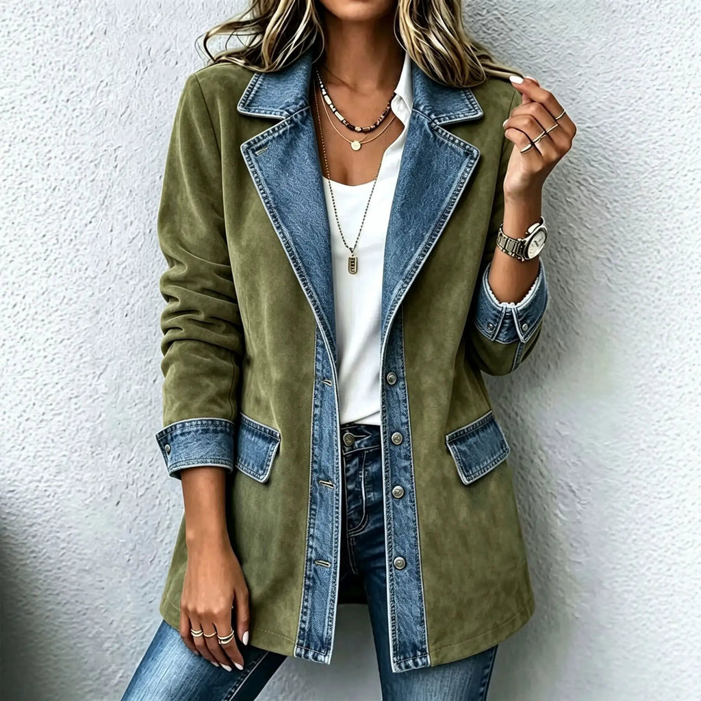 Army green women's suede-look patchwork slim-fit jacket