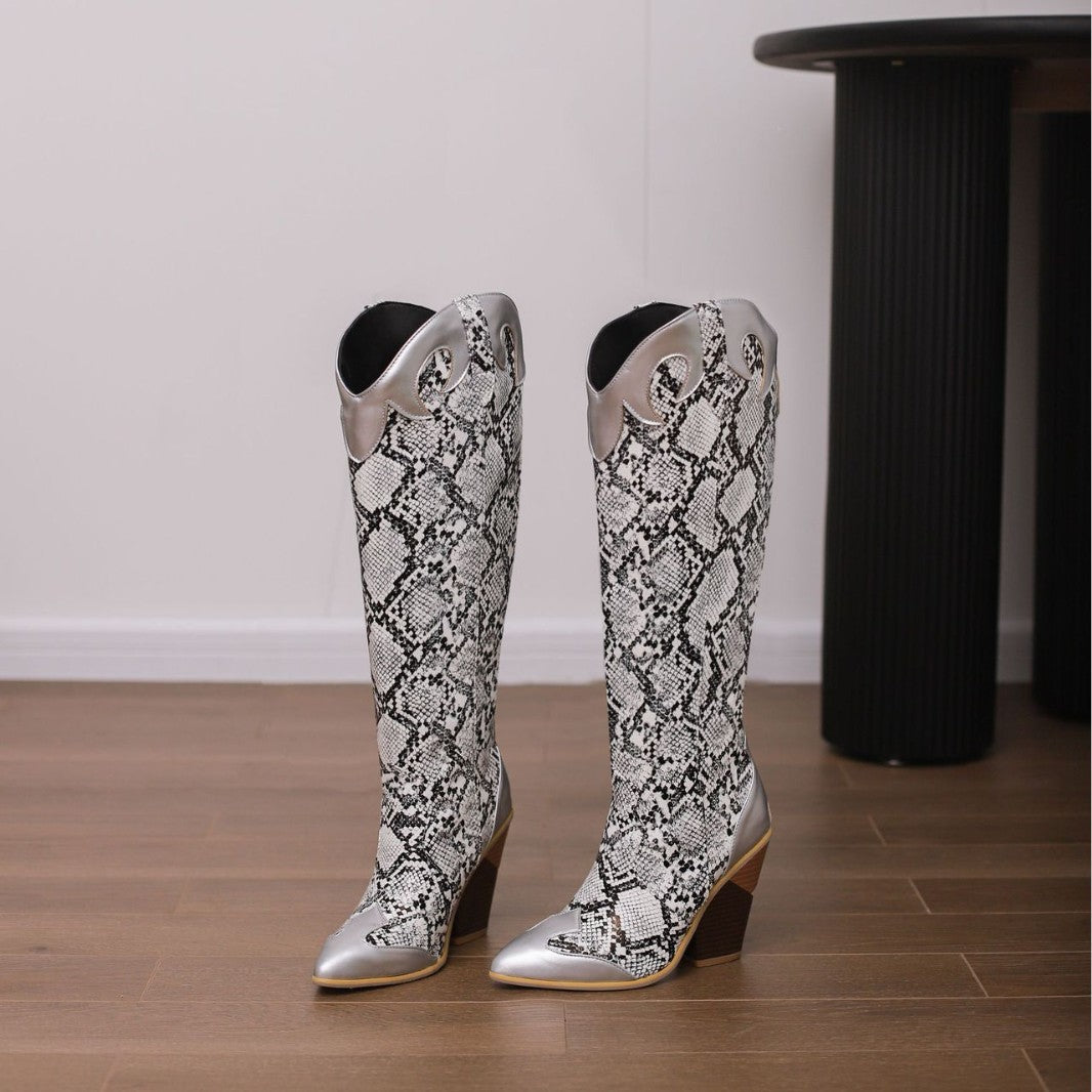 Patchwork leather knee-high boot product image