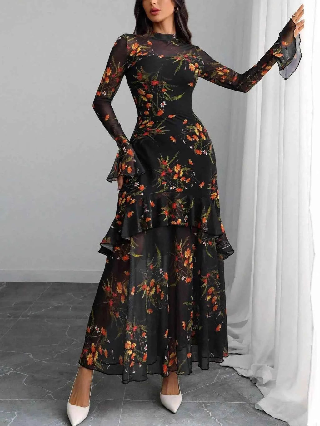 Floral flounce sleeve mermaid maxi dress — additional view 5