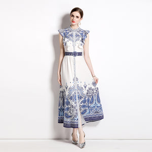 Blue printed belted maxi dress for women