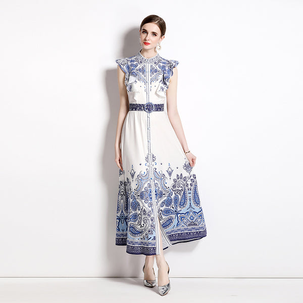 Women's Printed Belted Maxi Dress, shown in a clear product image