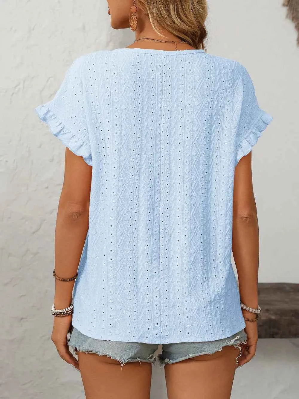 Feminine Eyelet Short Sleeve Top-T-shirt-Splashis-Splashis