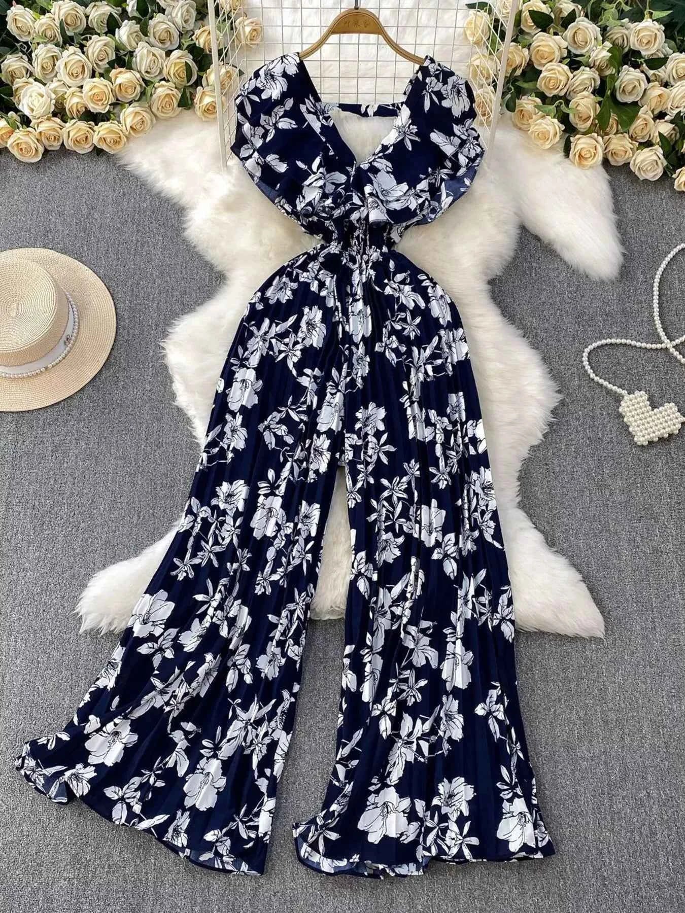 Cotton Spandex Floral Print Jumpsuit-Jumpsuit-Splashis-Color:Dark Blue-Size:One Size-Splashis