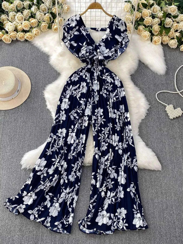 Cotton Spandex Floral Print Jumpsuit-Jumpsuit-Splashis-Color:Dark Blue-Size:One Size-Splashis