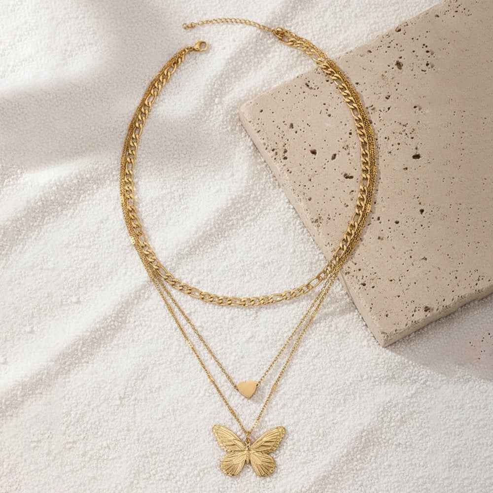 Trendy Three-Tier Butterfly Heart Stacking Necklace, alternate product view
